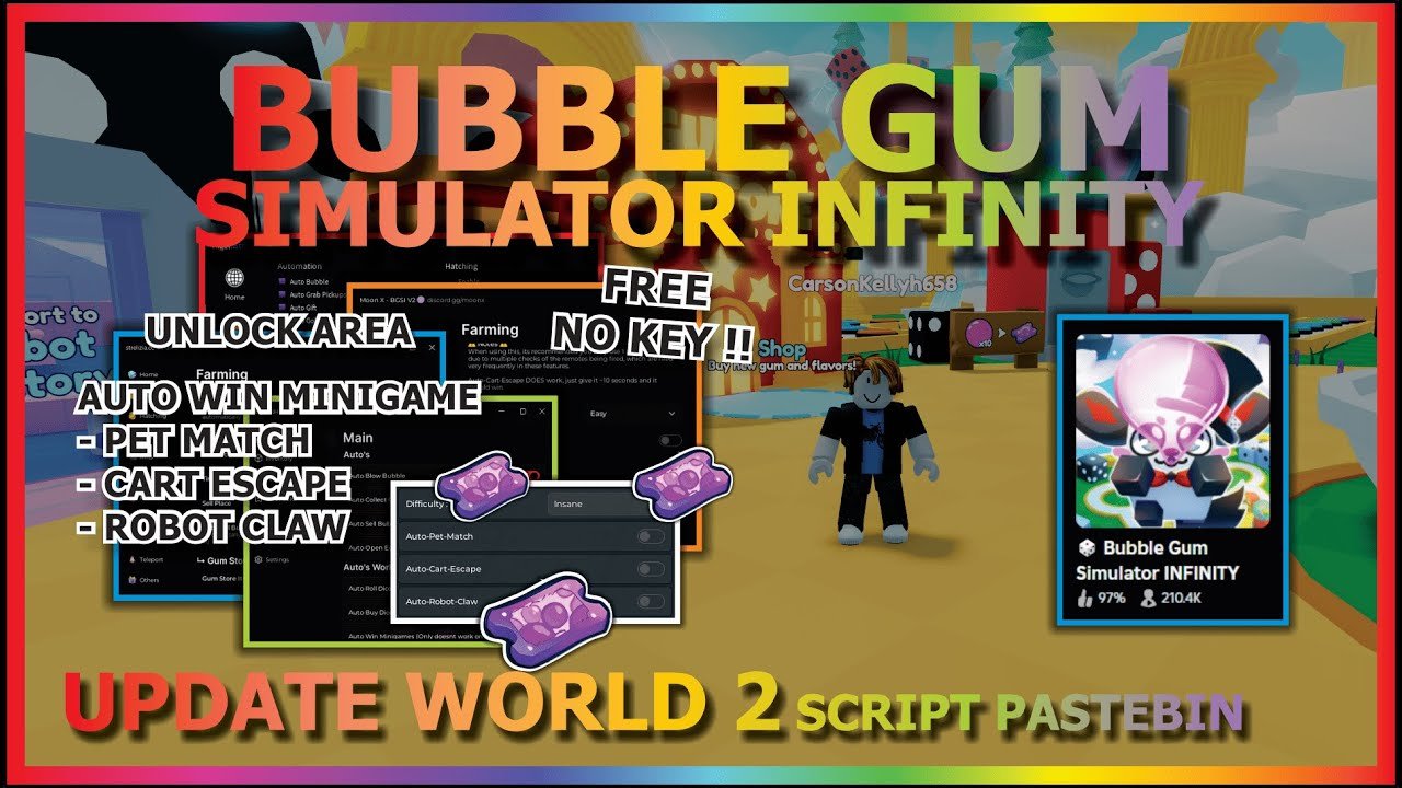 BUBBLE GUM SIMULATOR INFINITY Script Pastebin 2025 AUTO FARM, SELL, AUTO WIN MINI GAMES (WORLD 2)🎲